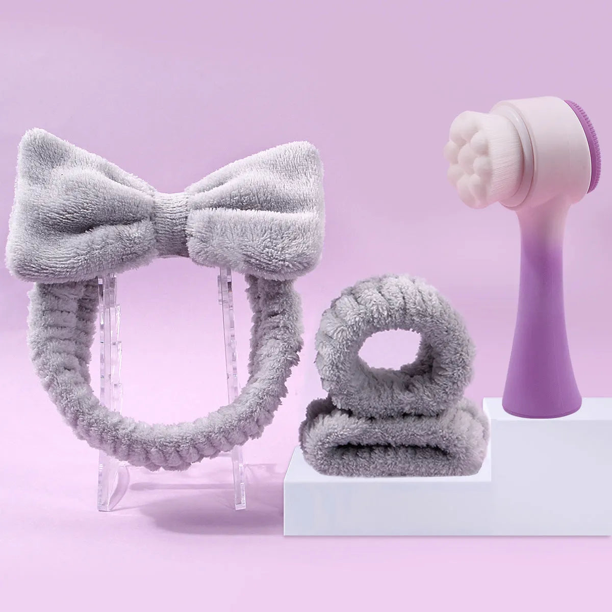 Facial brush set with coral fleece hair band in multiple colours including purple, grey, white, and pink
