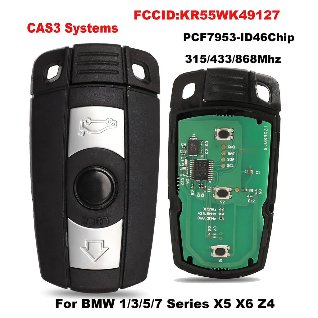 BMW semi-intelligent remote car key fob with three buttons, metal and plastic casing.