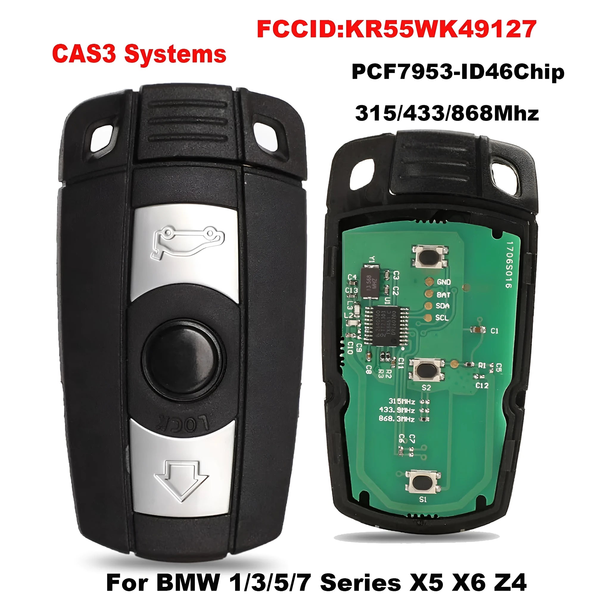 BMW semi-intelligent remote car key fob with three buttons, metal and plastic casing.