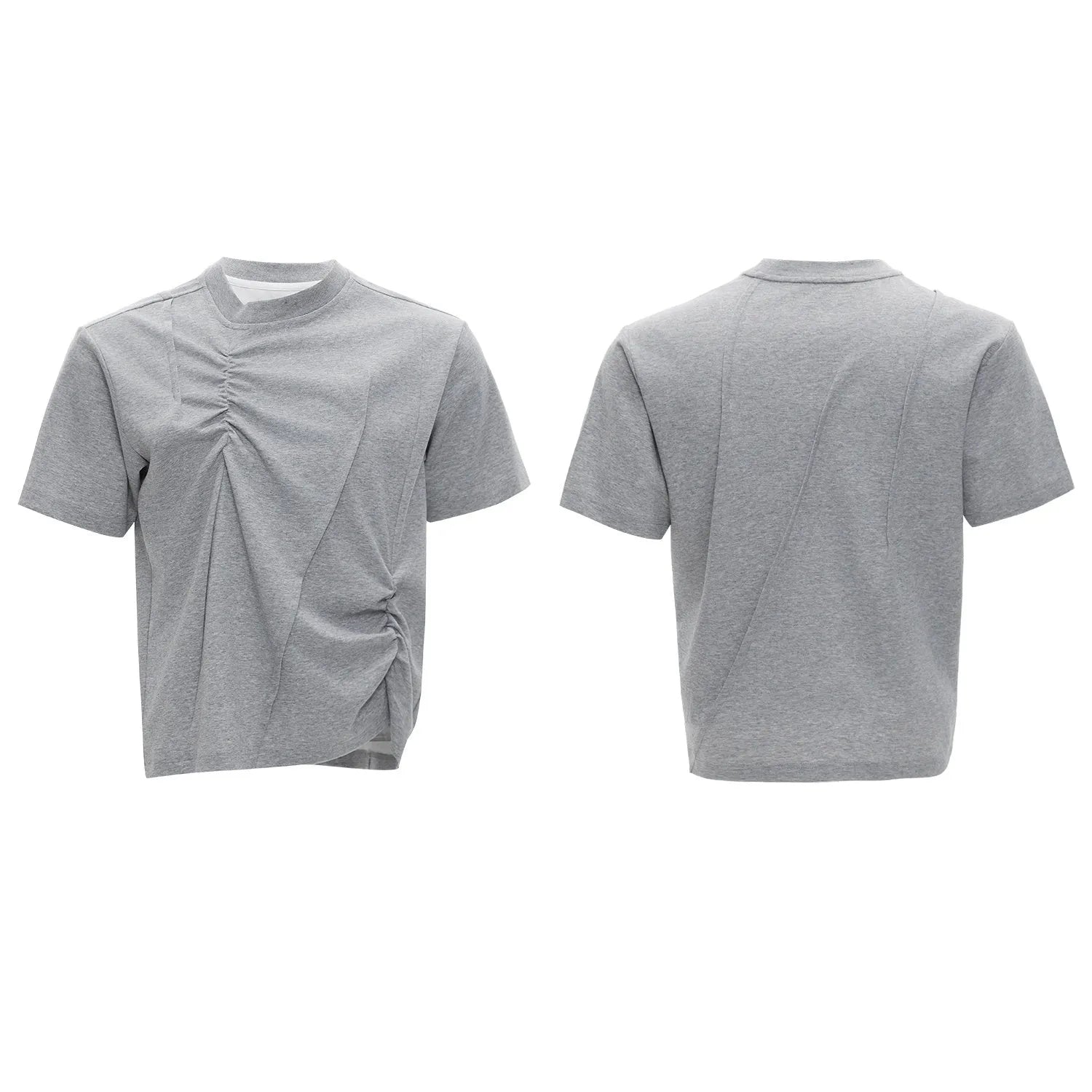 Men's grey pleated cotton t-shirt with round neck and short sleeves on a loose fit model