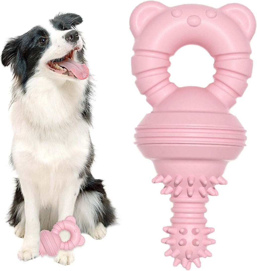 Blue rubber dog chew toy with concave-convex texture and a bell, for aggressive chewers and teeth cleaning.
