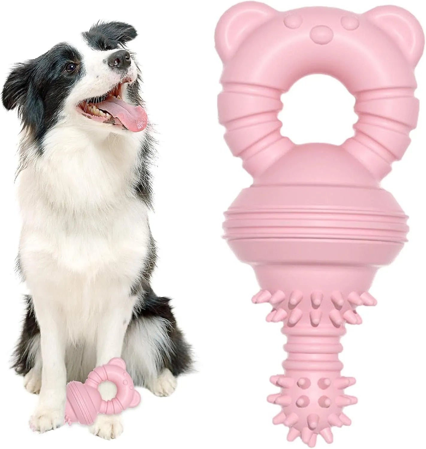 Blue rubber dog chew toy with concave-convex texture and a bell, for aggressive chewers and teeth cleaning.