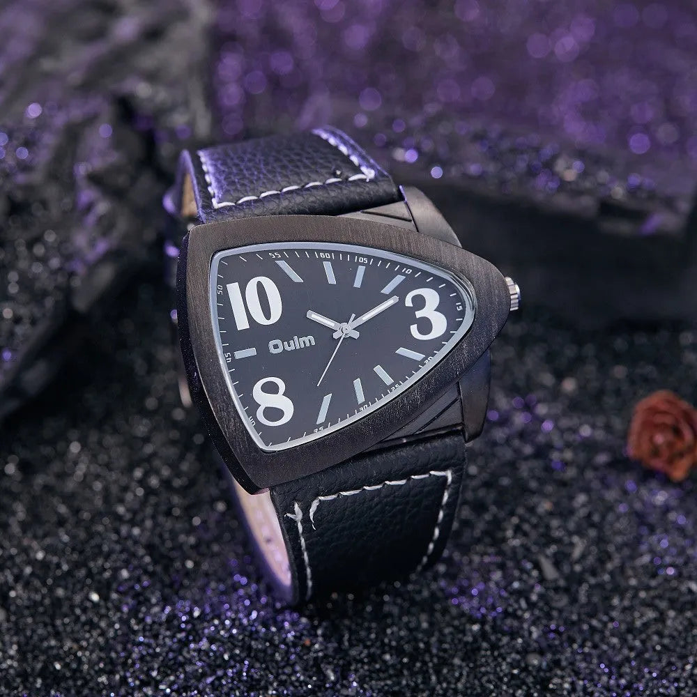 Men's casual brown triangle belt quartz watch with a 9mm thick case on a wrist.