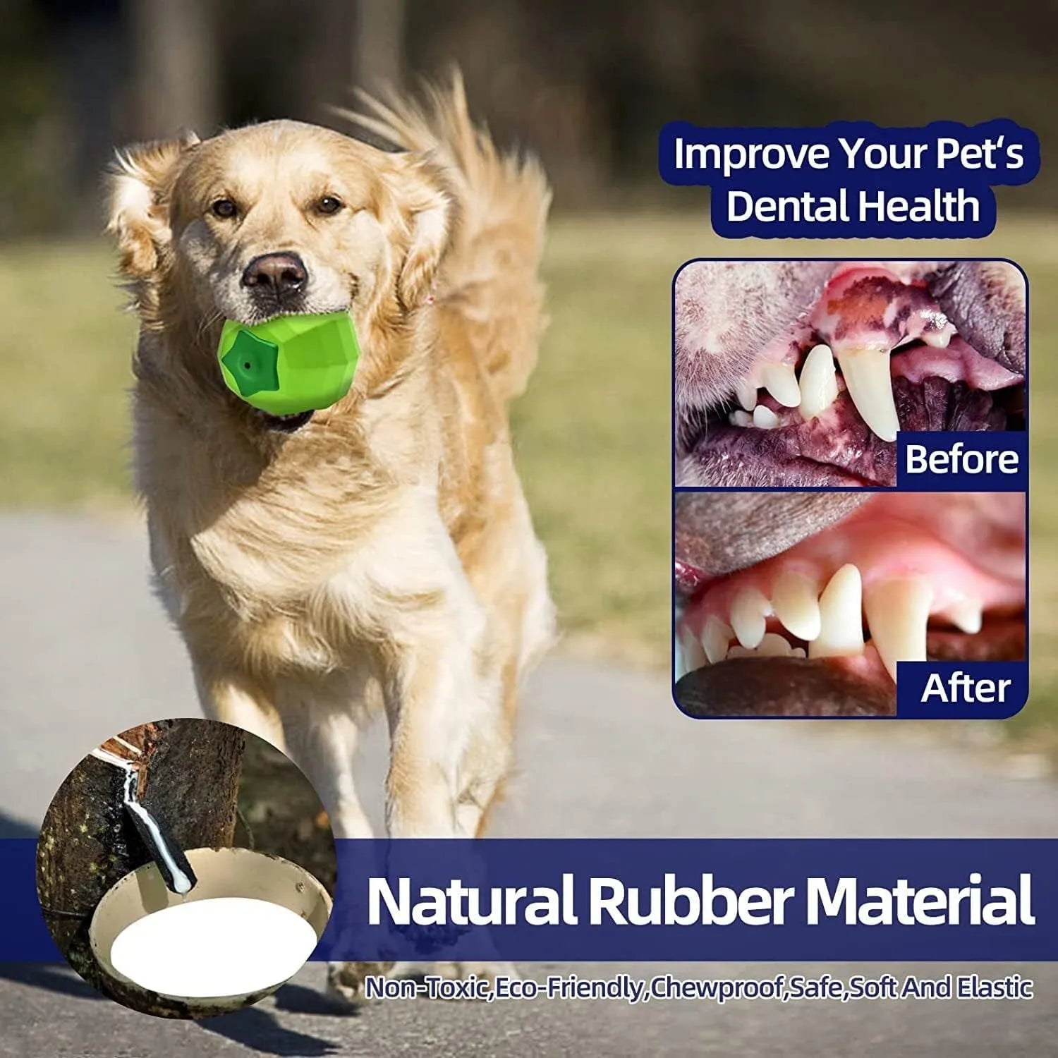 Green durable natural rubber dog squeaky ball chew toy for large aggressive chewers.