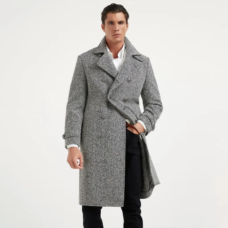 Men's mid-length double-breasted tweed overcoat in light gray woolen fabric with suit collar