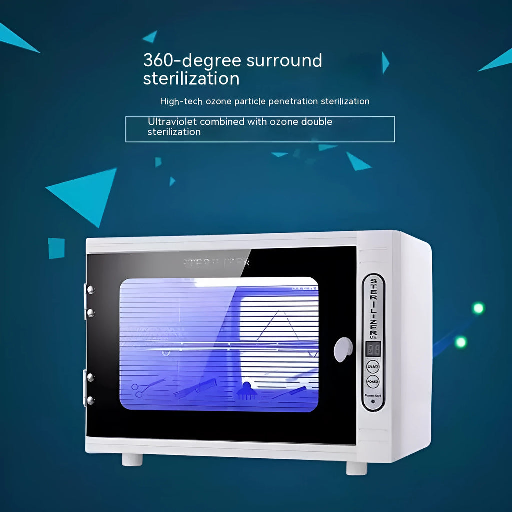Silver ultraviolet steriliser machine with dimensions for salon tool disinfection