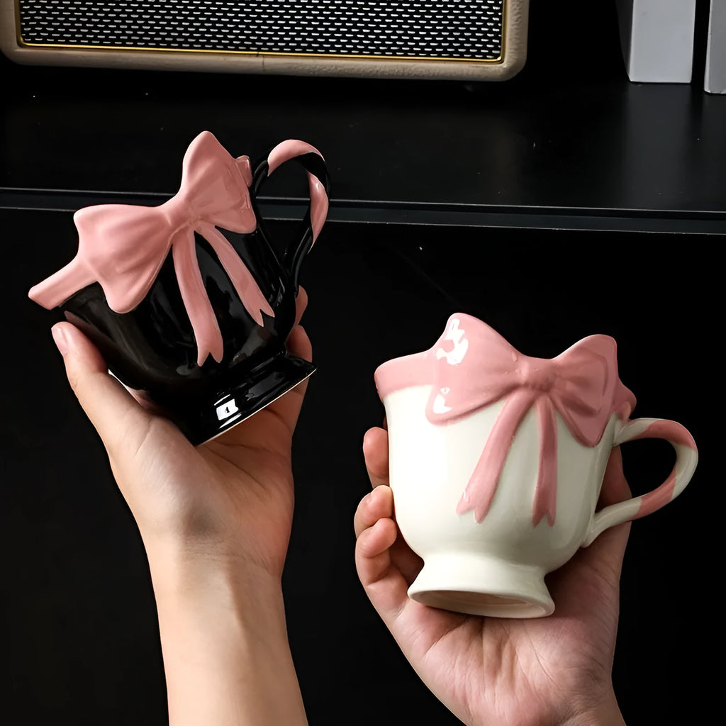 Ceramic heart bow mug in black pink or white powder colour with 340ml capacity