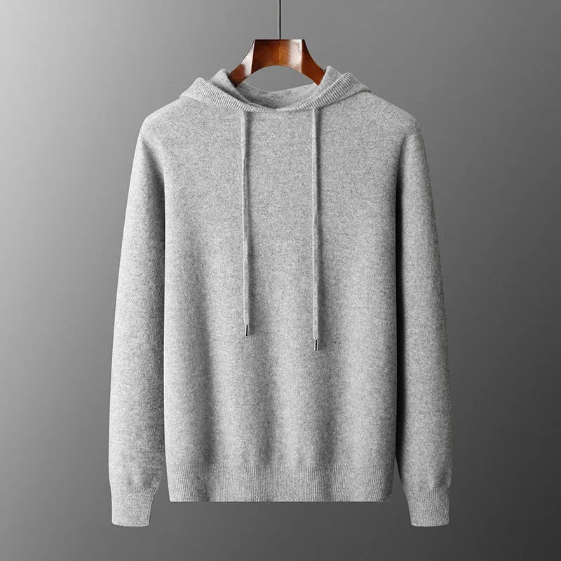 Men's light grey cashmere knitted hoodie and matching long pants casual set laid flat.