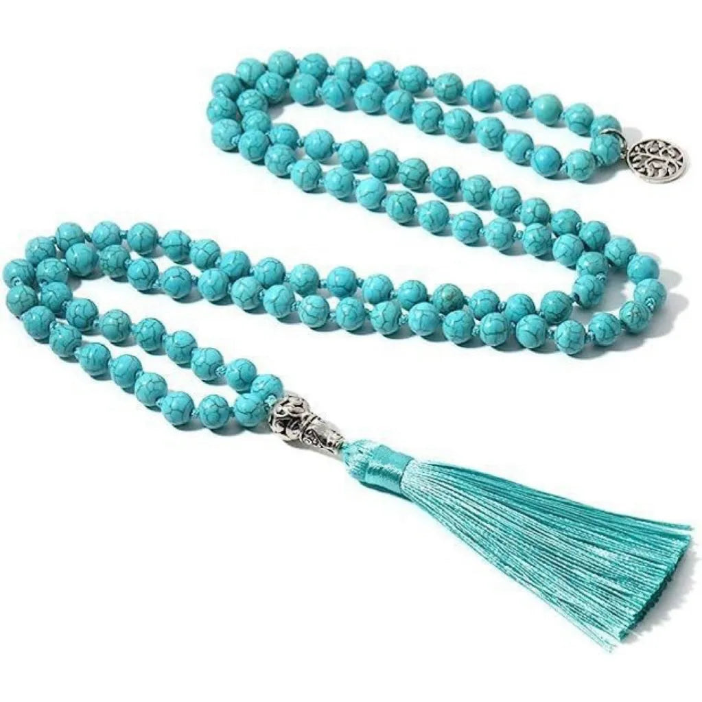 Handmade knotted stone bead necklace with 108 beads, showing geometric design and natural stone colours.