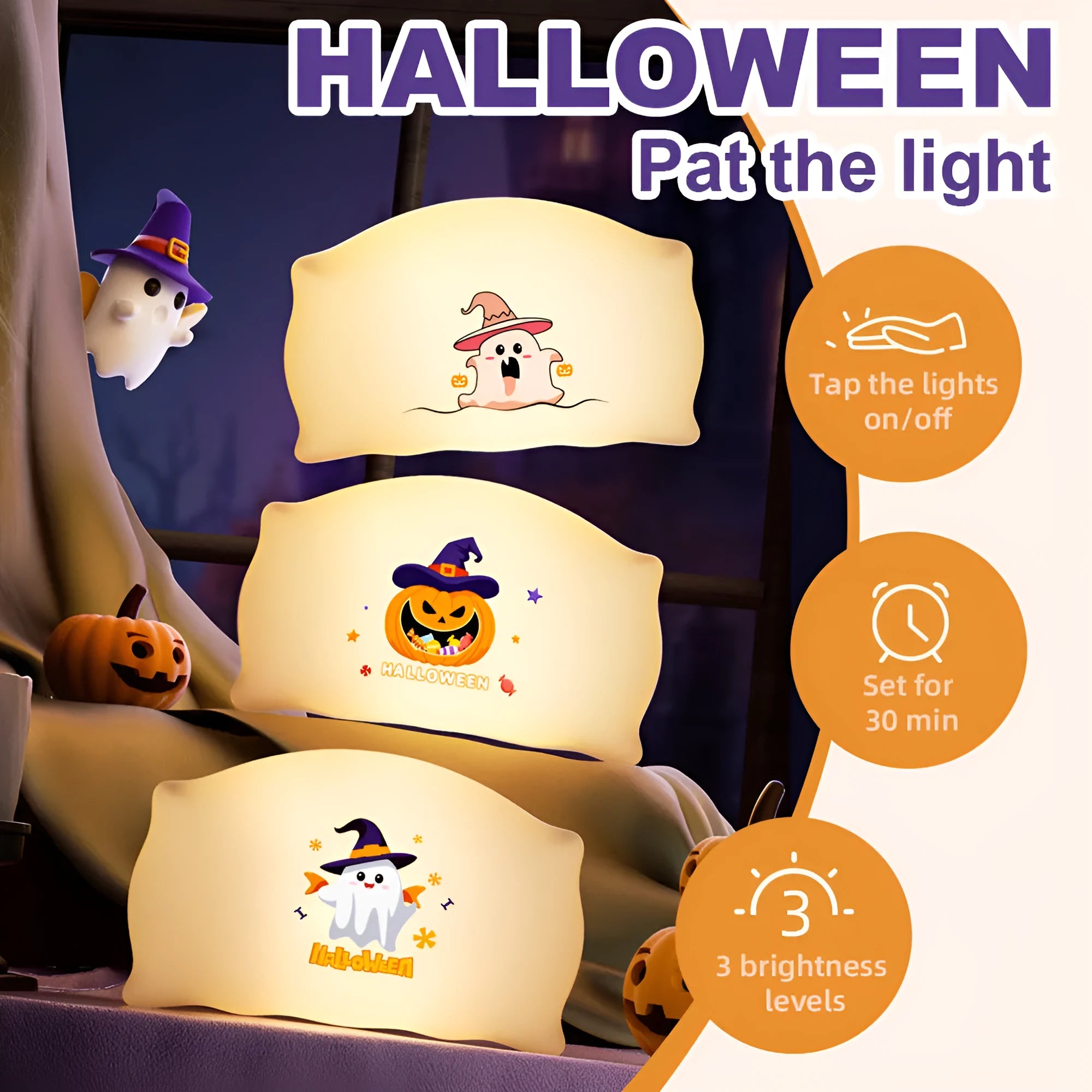 Cartoon Halloween doll bedside table lamp in magic ghost colour with warm light glow.