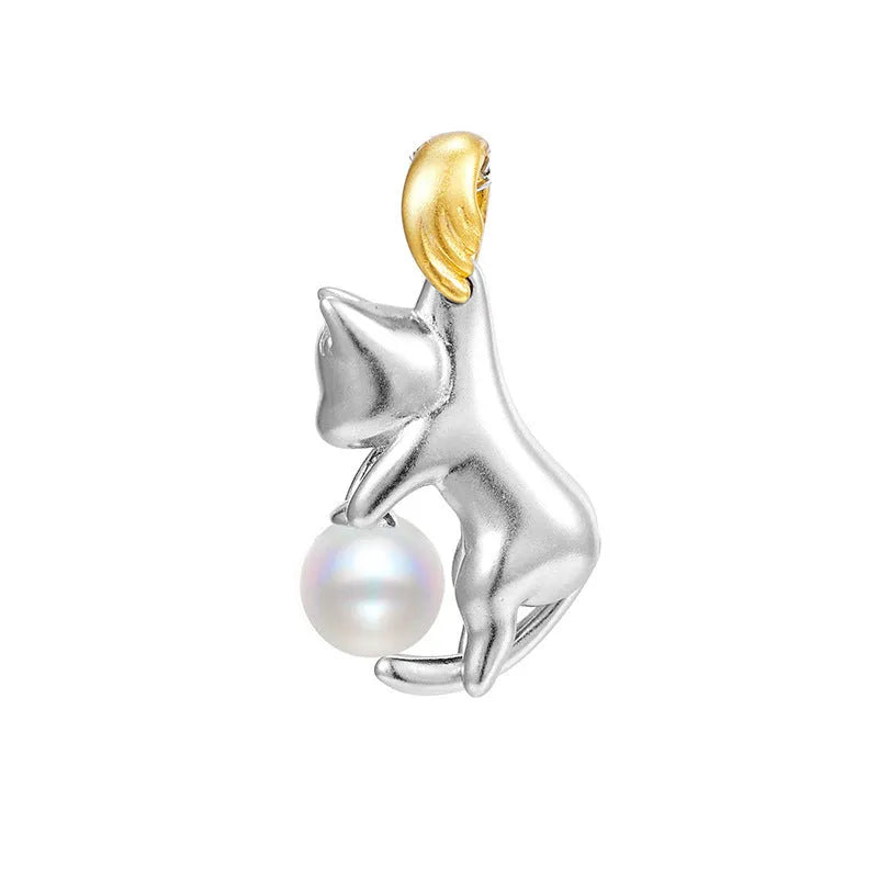 Sterling silver clavicle-length necklace with a cat charm pendant.