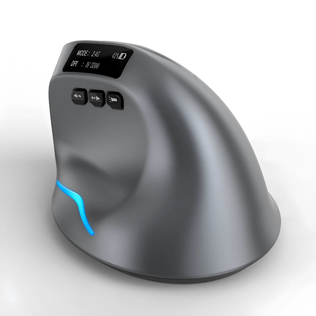 Grey Bluetooth self-charging vertical mouse with dual-mode grip design for laptop use