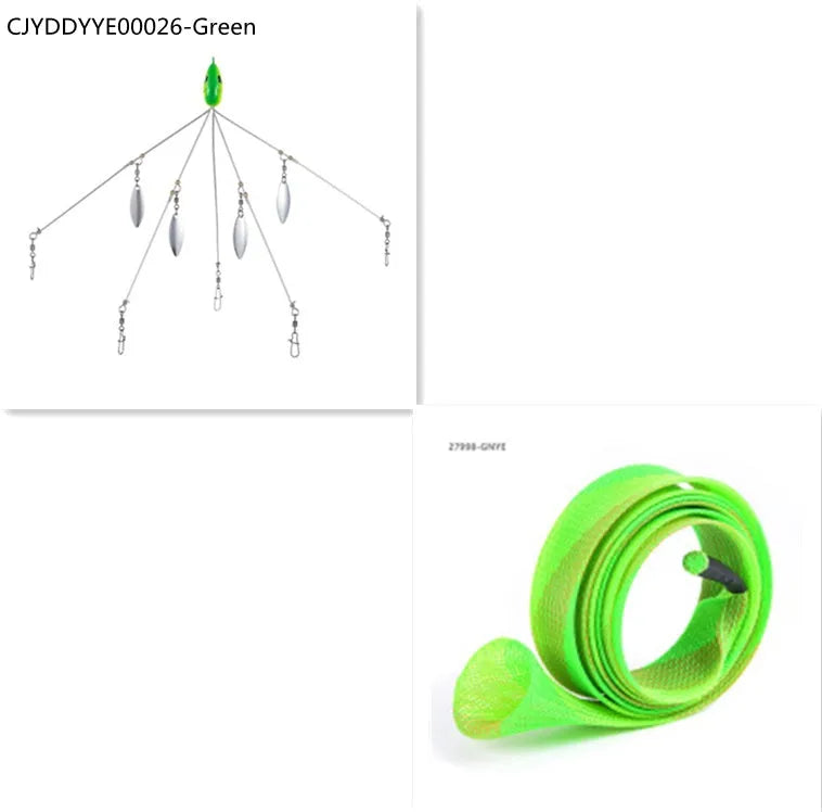 Bassdash umbrella fishing lure rig with 5 swivels and rotating metal sequins in green colour