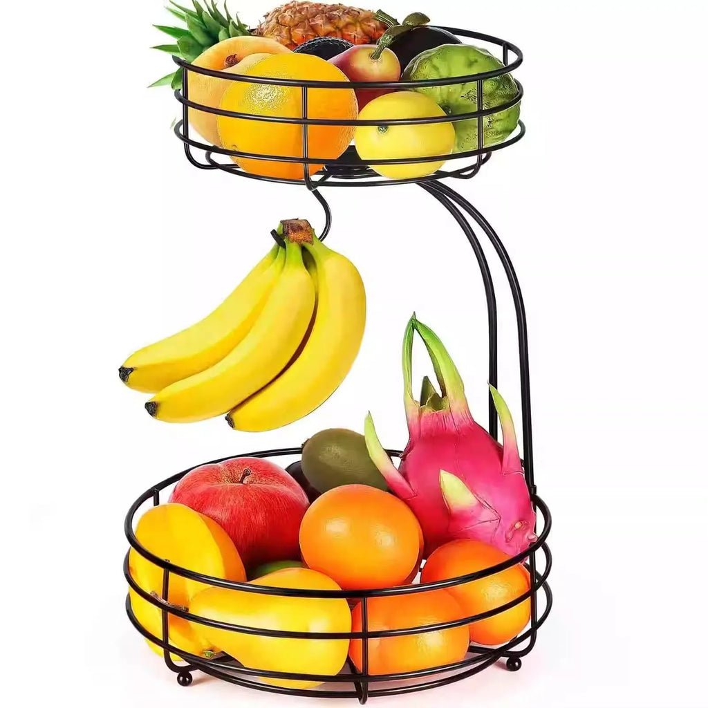 Double-layer black wrought iron fruit basket with open-weave design for produce storage