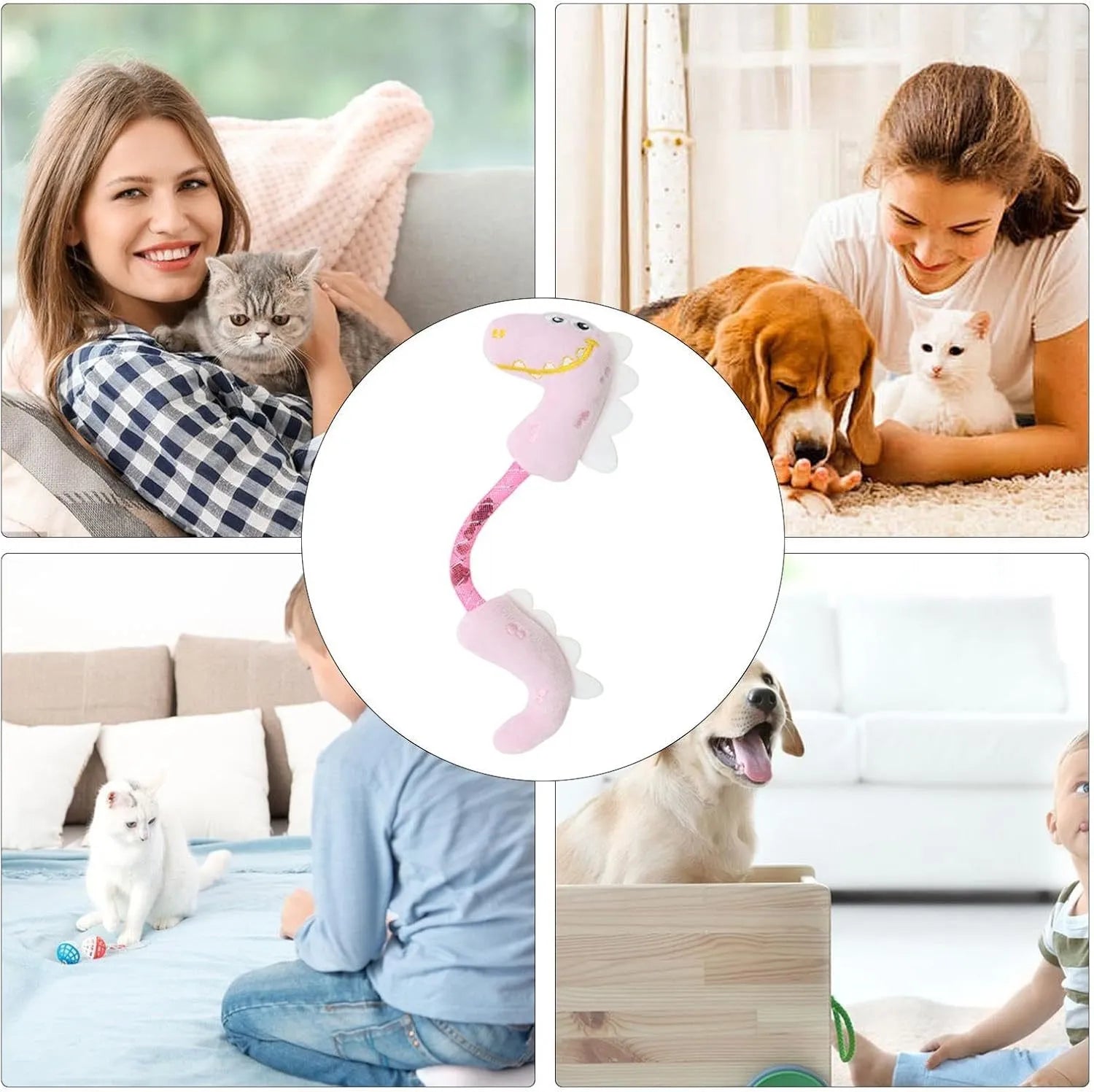 Set of four cat toys: plush chew toy, catnip rope, spring, and kicker toy on a pink background.