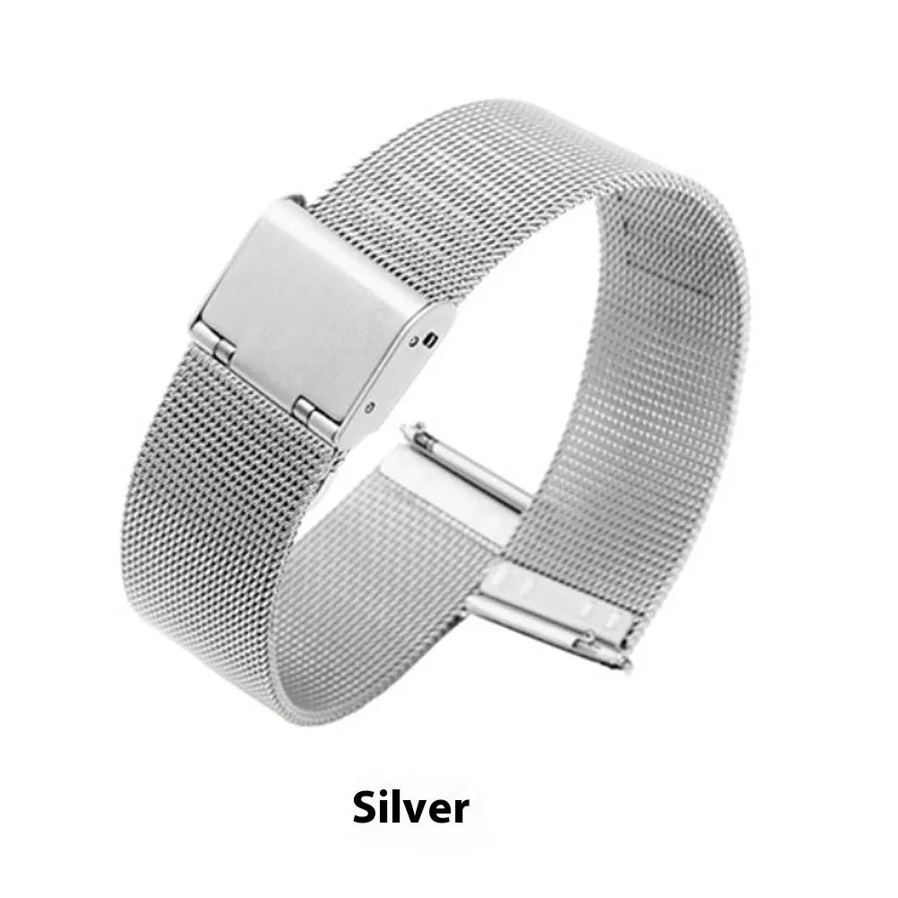 Milani silk woven stainless steel watch band in silver, black, rose gold, or gold with six width options