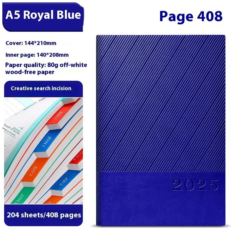 A5 business notepad with striped PU leather cover showing eight colour options open to reveal thick paper