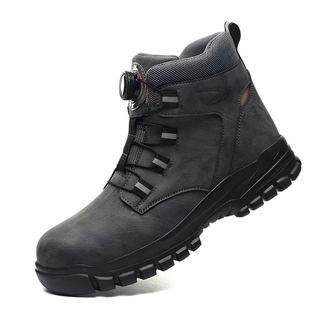 JK682 model leather upper safety shoes with rubber sole, shown in black, yellow, and grey colour options.