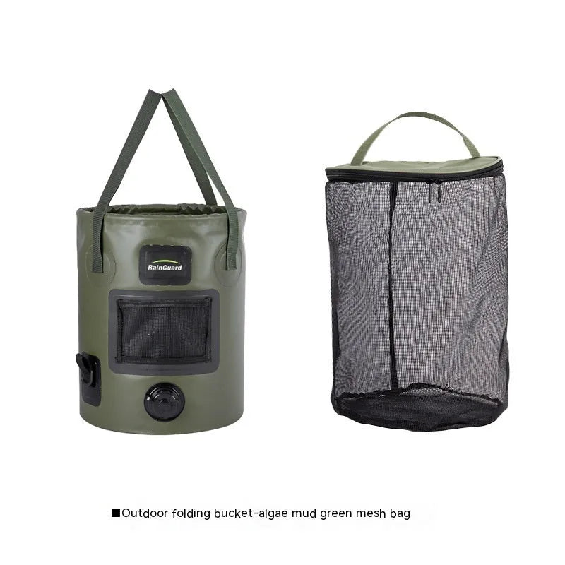 Folding fishing bucket in lemon yellow colour showing collapsed and expanded positions with mesh pocket