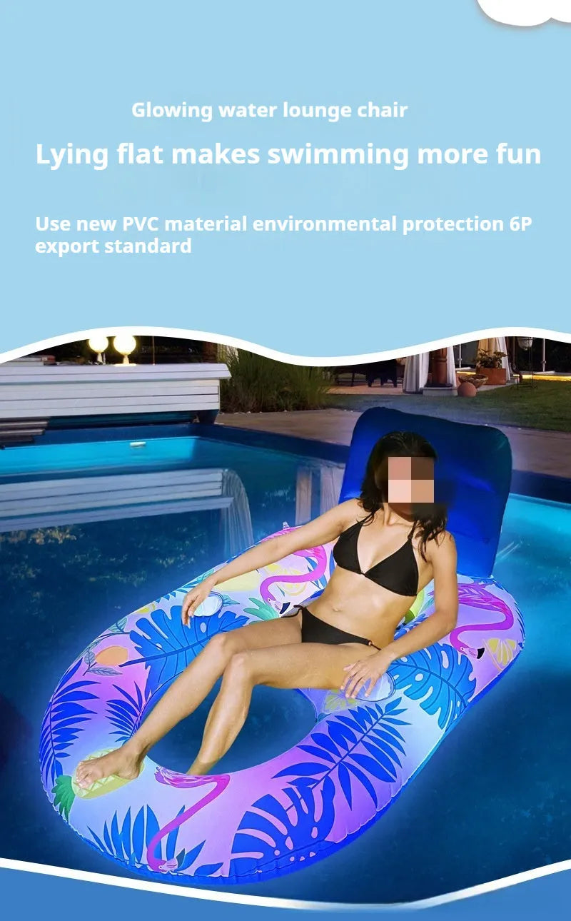 White luminous inflatable floating bed with backrest in swimming pool
