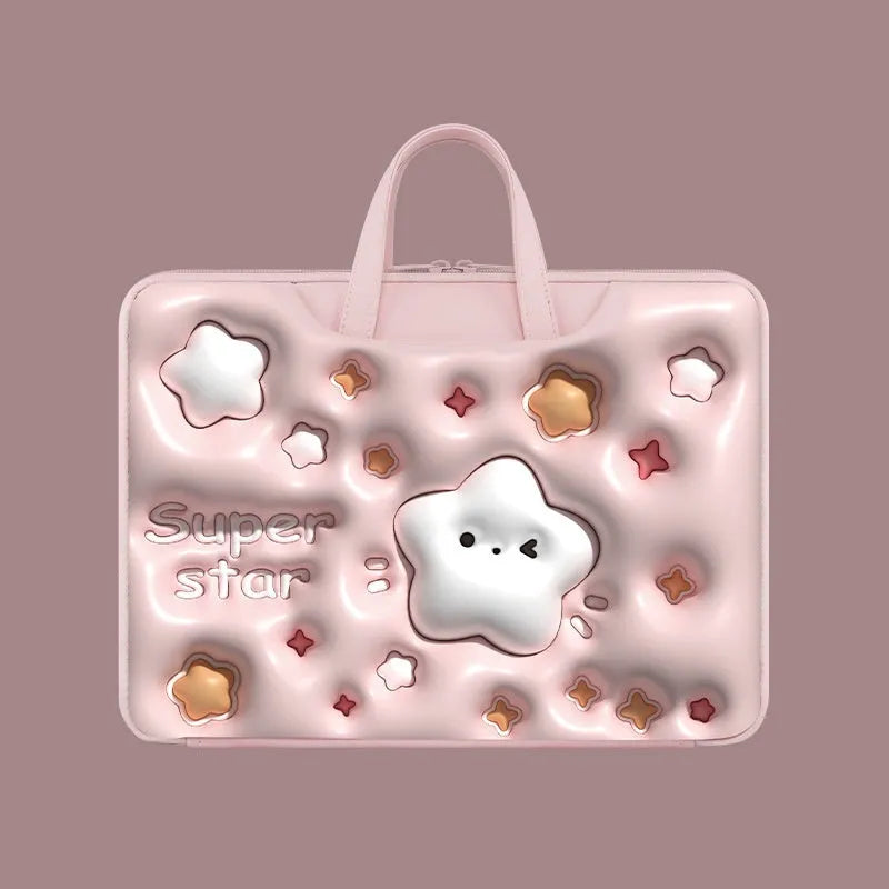 Inflatable PU leather laptop bag with cartoon design hanging from suitcase handle