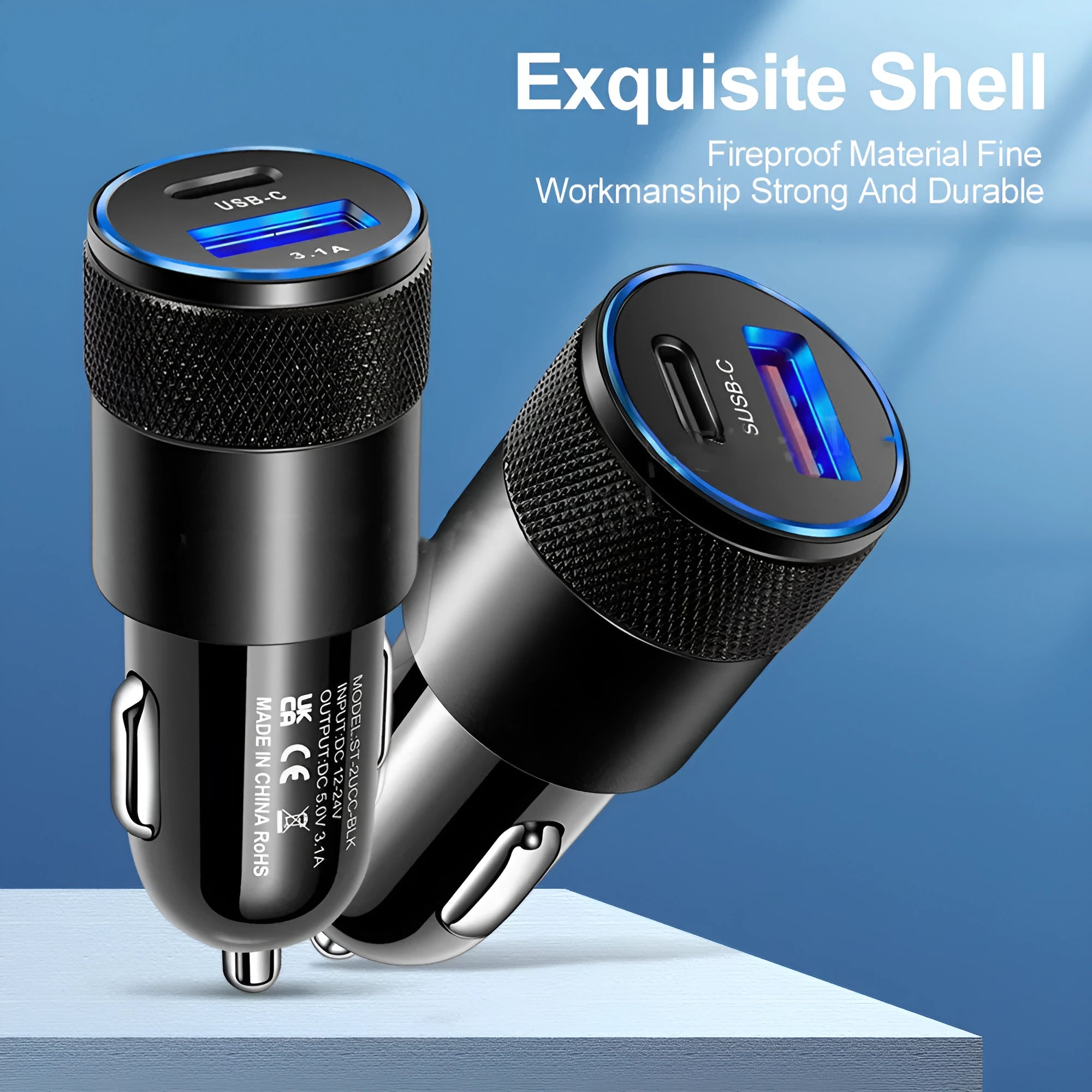Aluminium alloy mobile phone car charger in black or black silver with compact 2.5x6cm dimensions