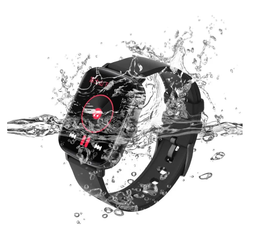 Smart watch with 1.7-inch colour touch screen showing fitness data, available in black, blue, or gold with adjustable strap