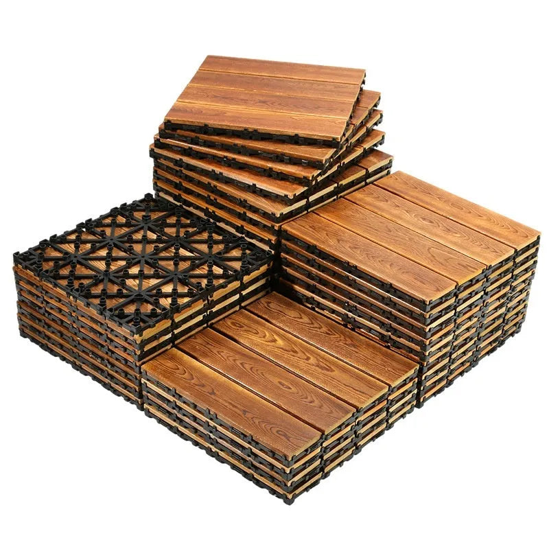 Square camphor pine wood flooring tile in a modern style for balcony or indoor use.