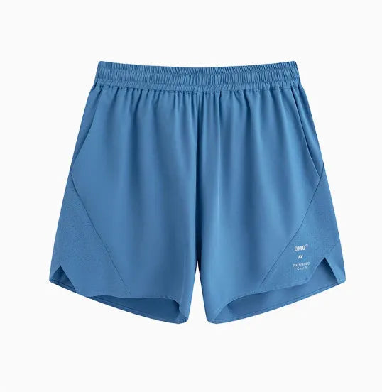 Black and blue four-point stretch running shorts with laser stitching detail for training.