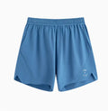 Black and blue four-point stretch running shorts with laser stitching detail for training.