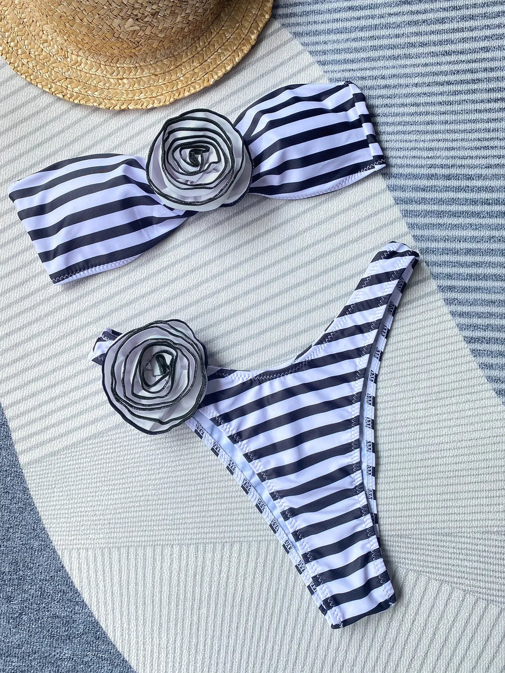Cross-strap tube top bikini with three-dimensional flower detail in striped pattern