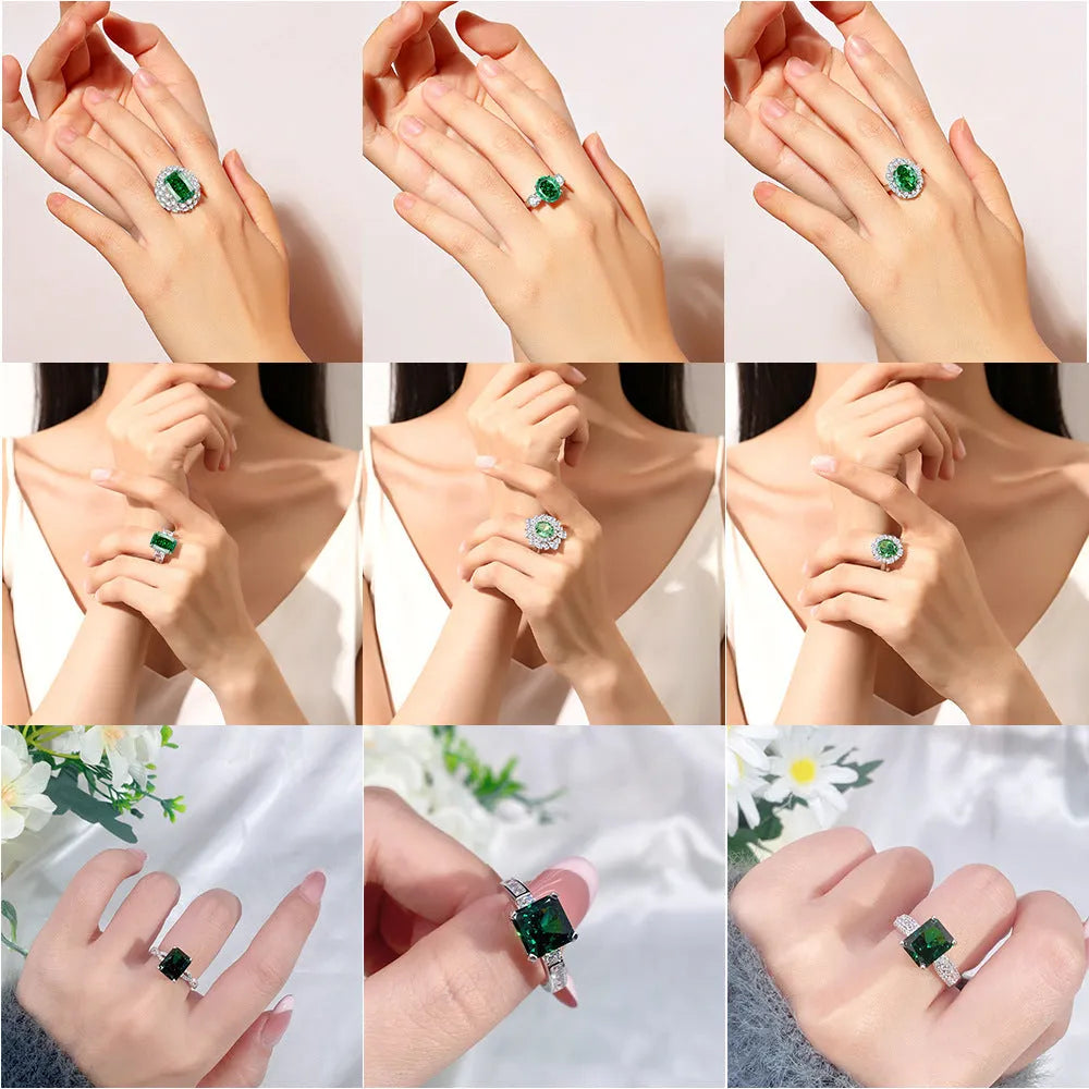 S925 sterling silver women's ring with emerald and high carbon diamond inlay in geometric oval shape.