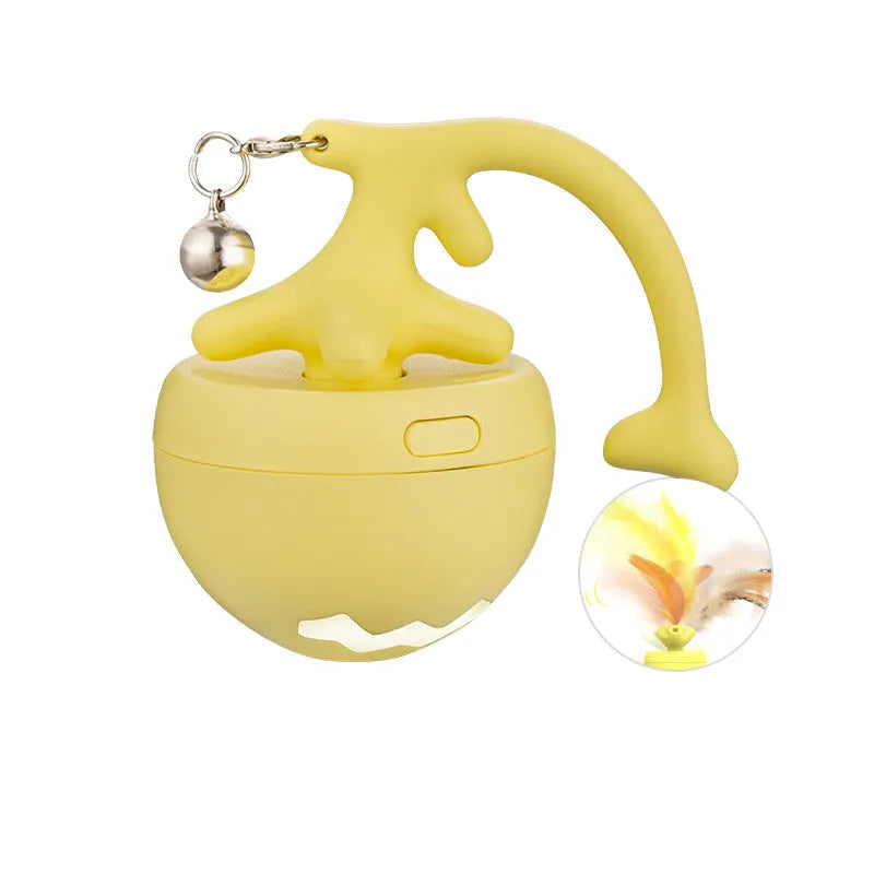 USB electric cat teasing ball with fish bone design and replaceable feather stick in blue, pink, and yellow colours