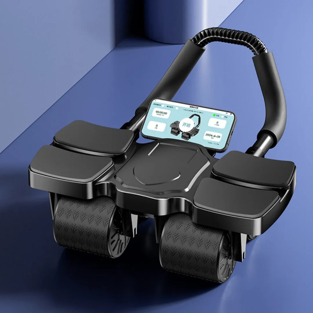 Black automatic rebound abdominal wheel with four wheels on a hardwood floor