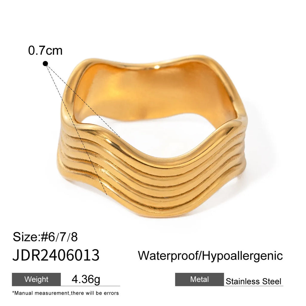 Geometric stainless steel ring with wide band and wave pattern design.