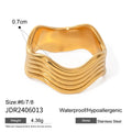 Geometric stainless steel ring with wide band and wave pattern design.
