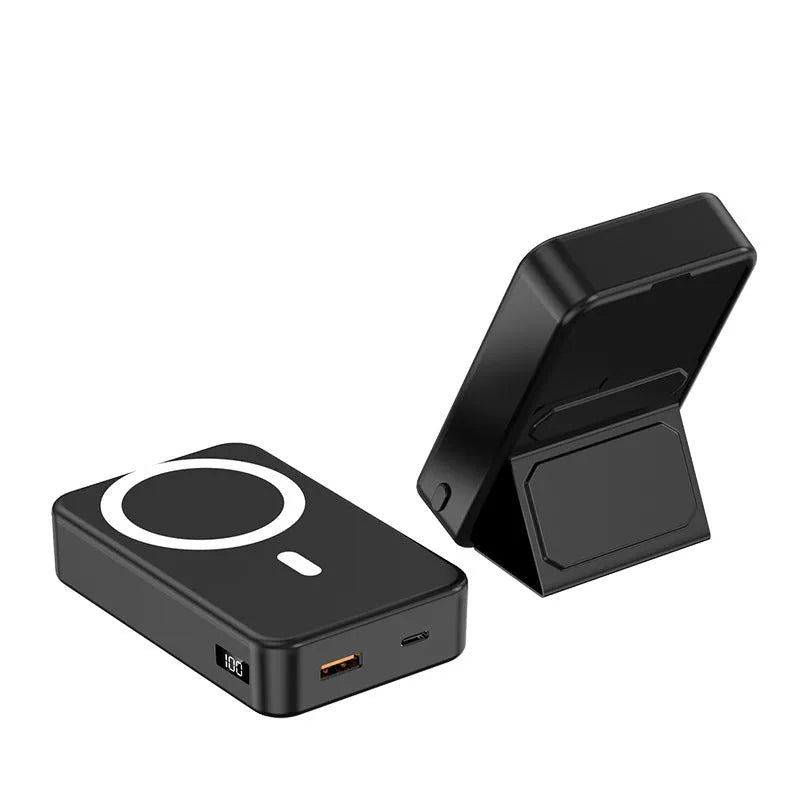 Magnetic wireless charging power bank with folding bracket showing capacity options and colour variations