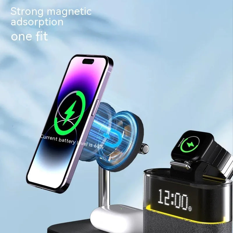 C09 Black three-in-one magnetic night lamp wireless charger with alarm clock on a table