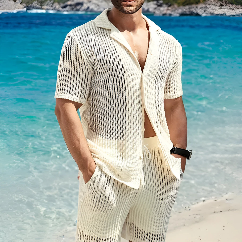 Men's retro light yellow striped Henley shirt with short sleeves and lapel collar, casual loose fit