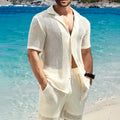 Men's retro light yellow striped Henley shirt with short sleeves and lapel collar, casual loose fit