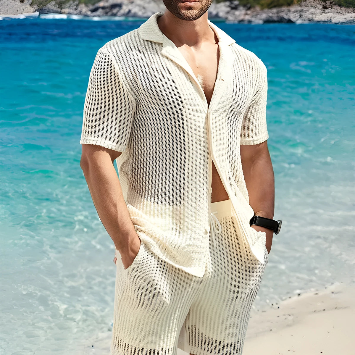 Men's retro light yellow striped Henley shirt with short sleeves and lapel collar, casual loose fit