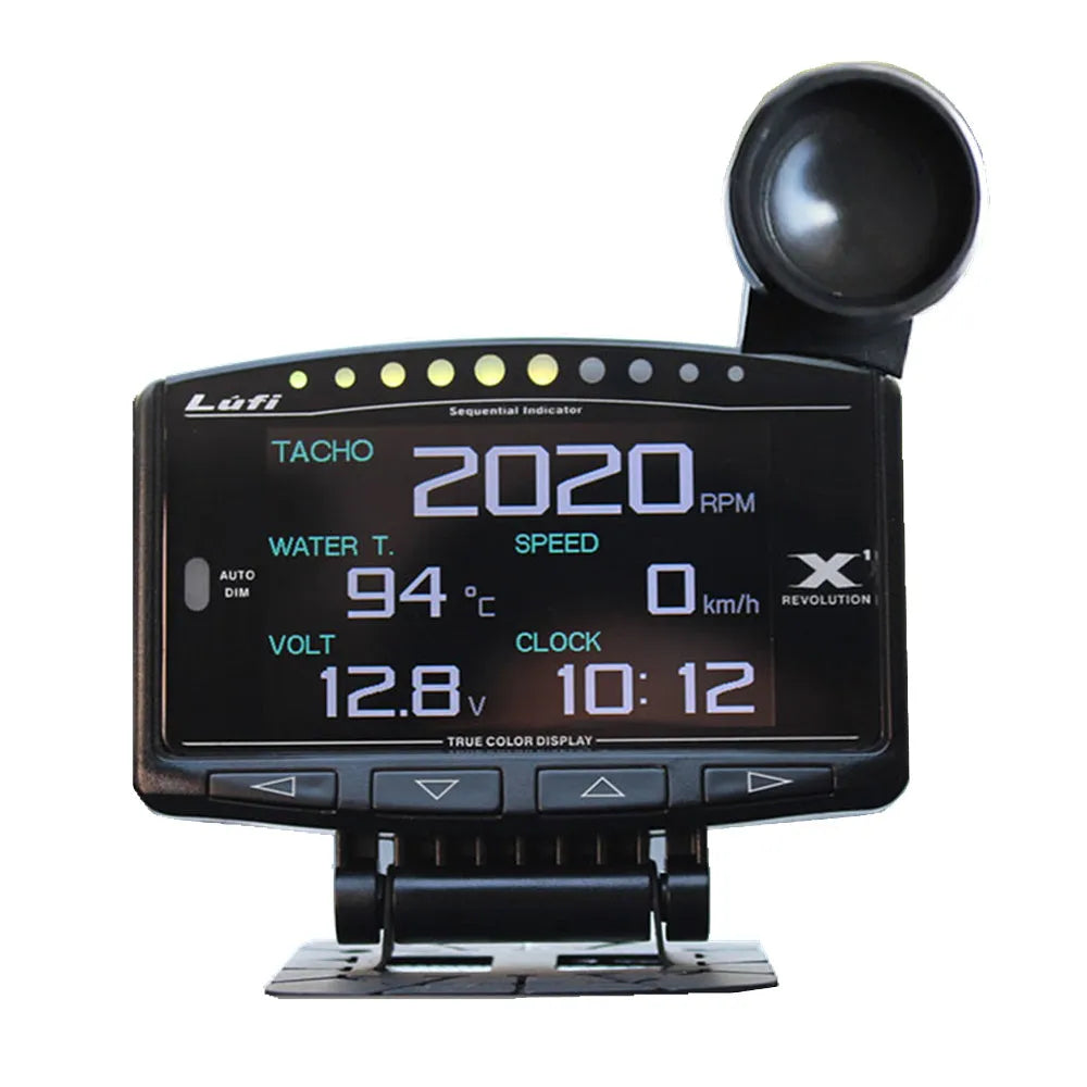 X1 model OBD automotive scan tool with LED display, metal housing, power cord, and English manual.
