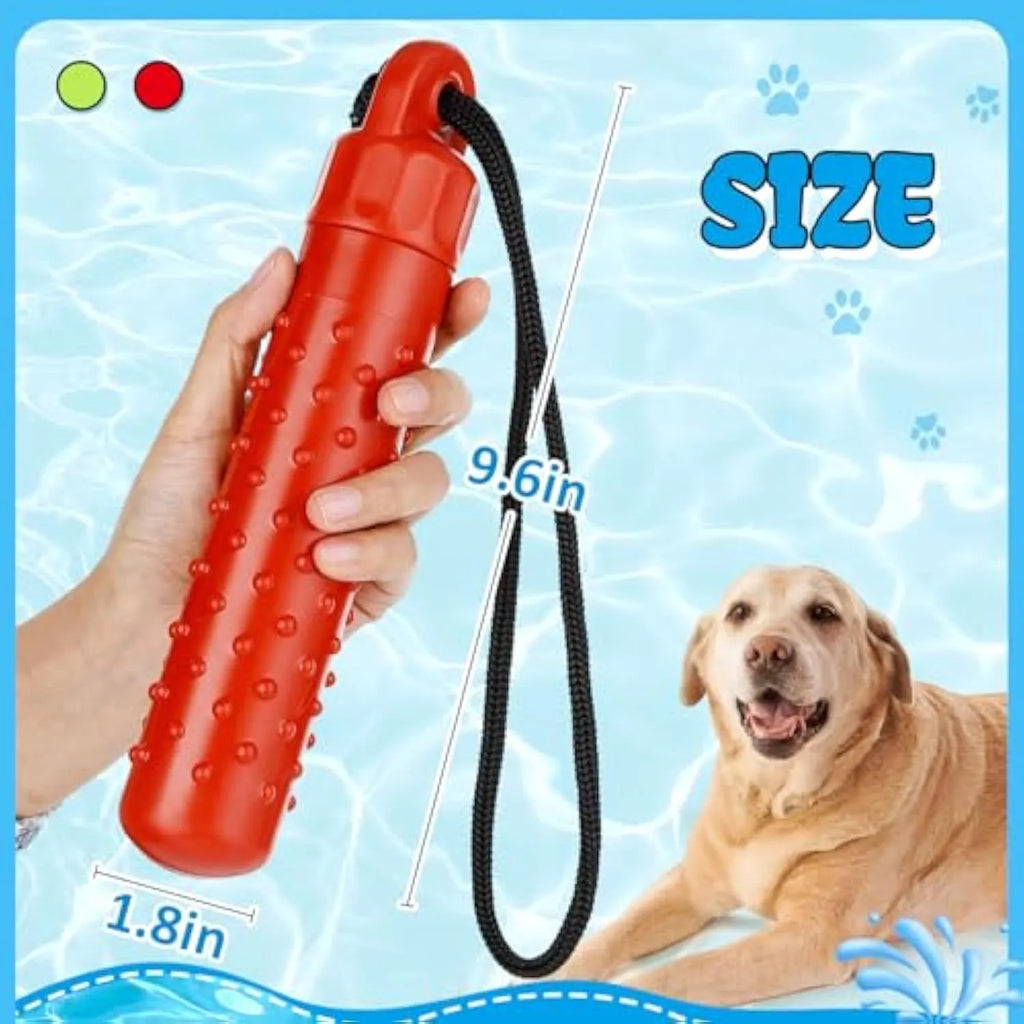 Two floating dog pool toys in red and green with rope handles on a blue background