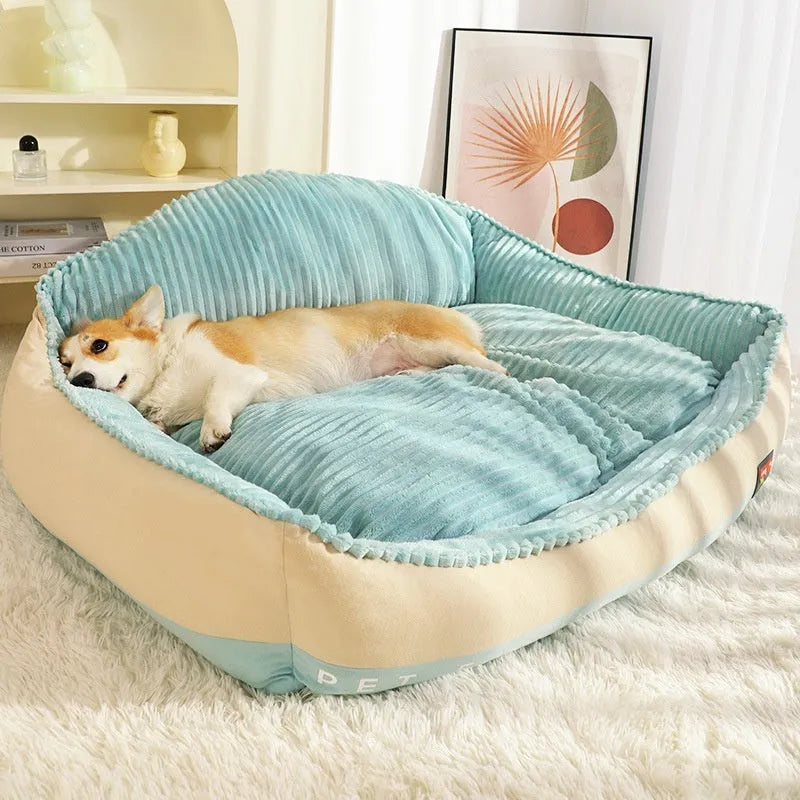 Morandi coloured washable pet bed mat with kennel structure for dogs and cats on a sofa.