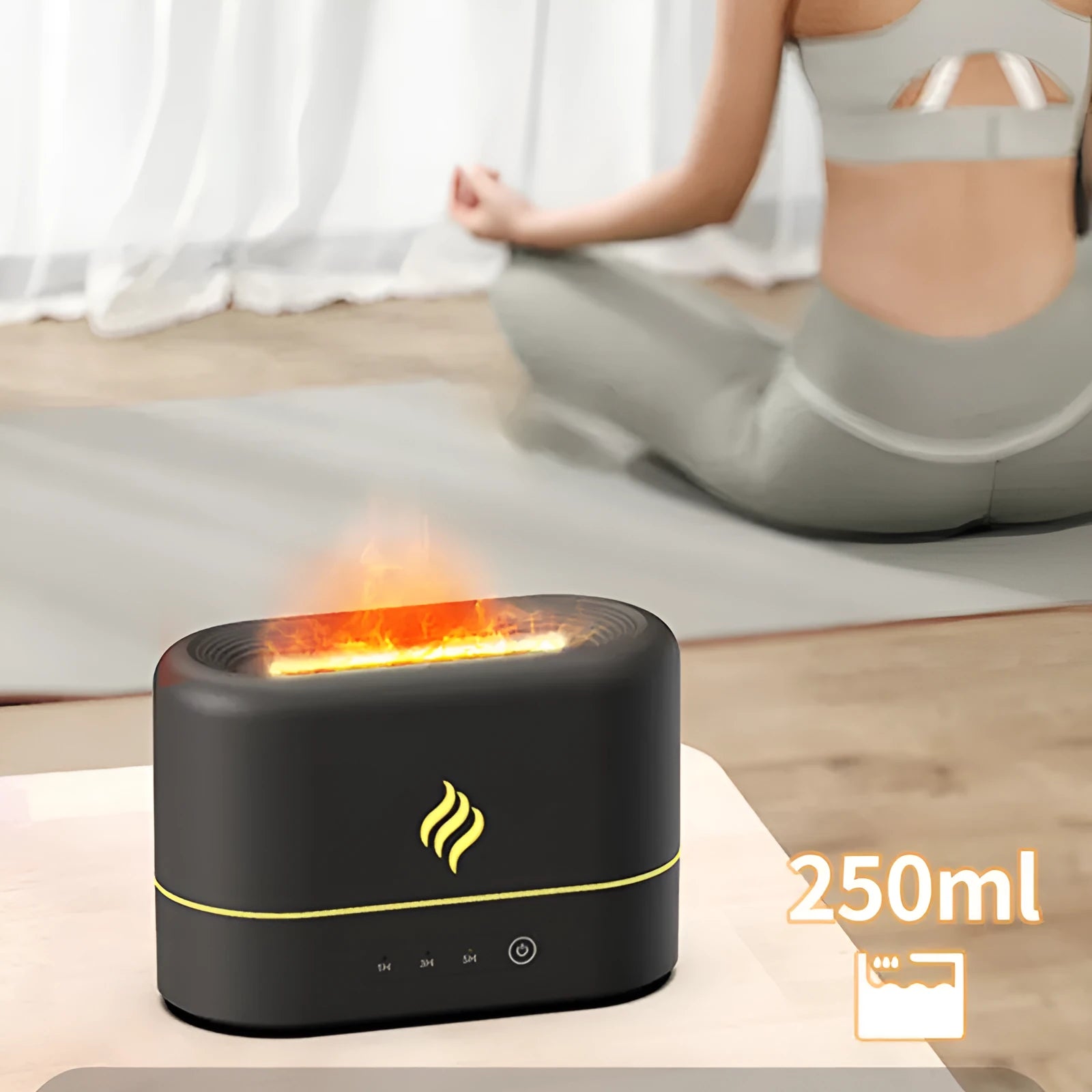 Black USB-powered aromatherapy humidifier with seven-colour simulated flame effect on a desk.