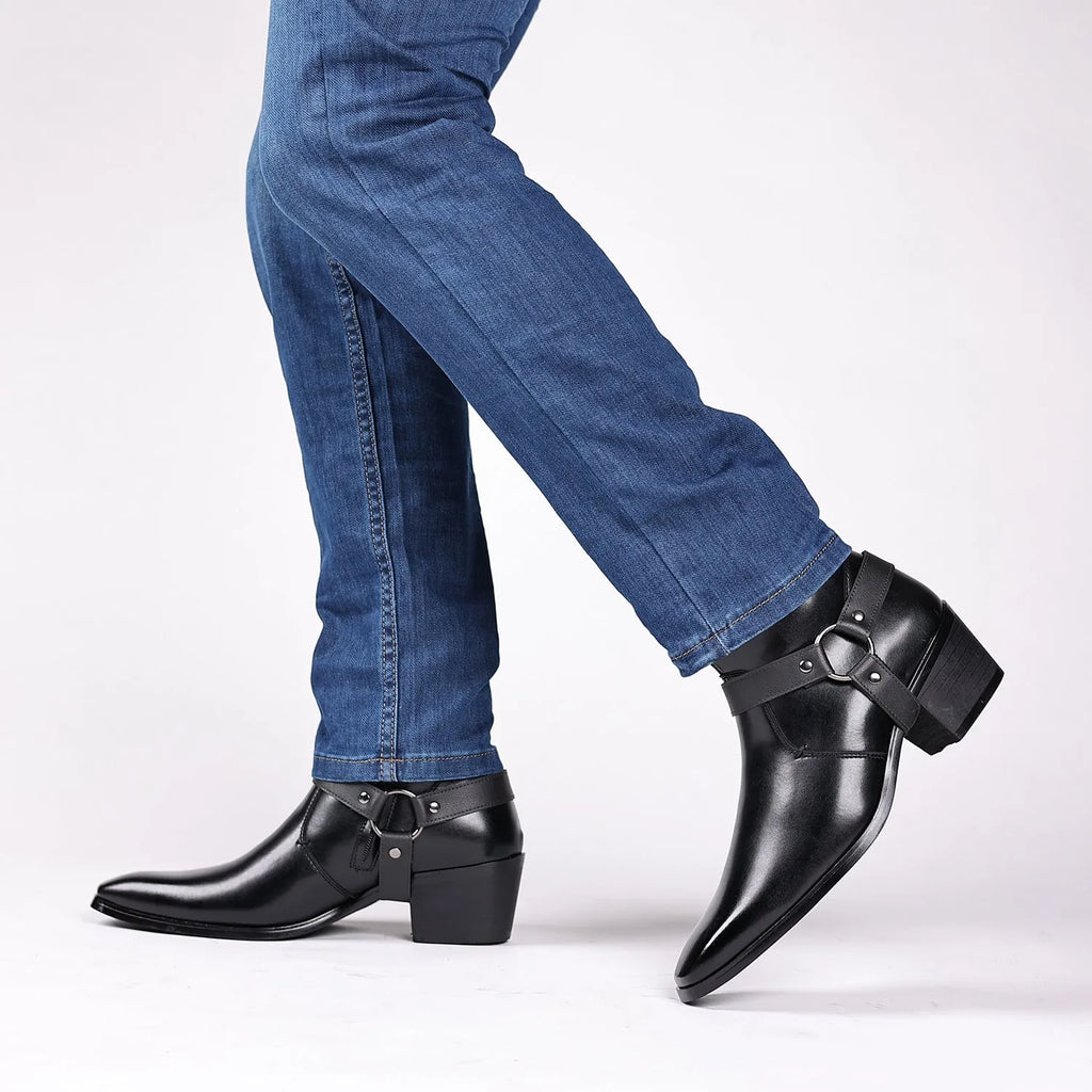 Unisex black chain boots with side zipper, square toe, and decorative rivets on a textured PU upper