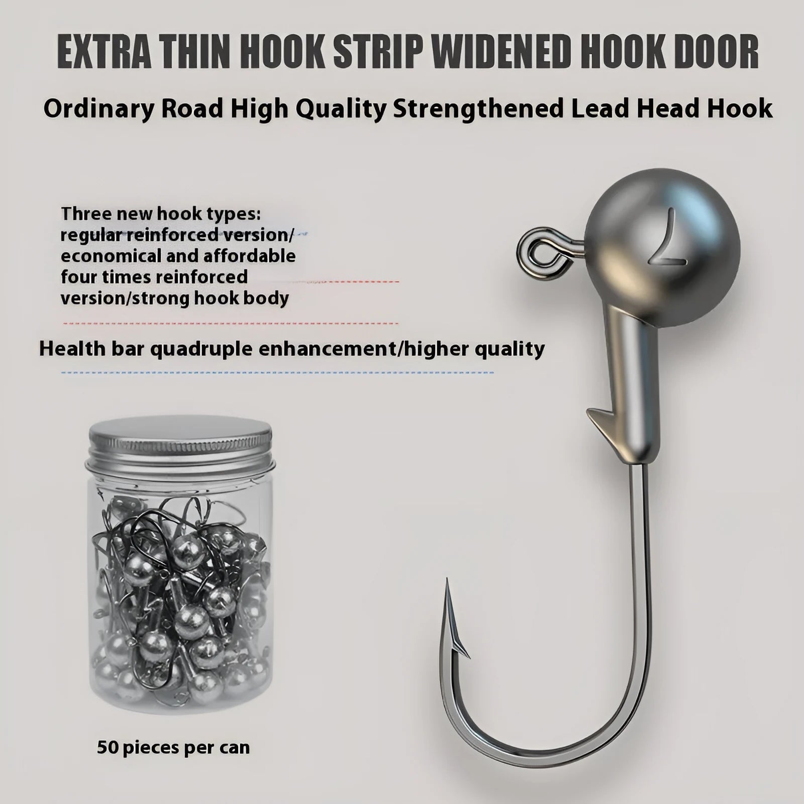 Set of 50 enhanced steel fishing jig hooks with barbed design and lead-head construction