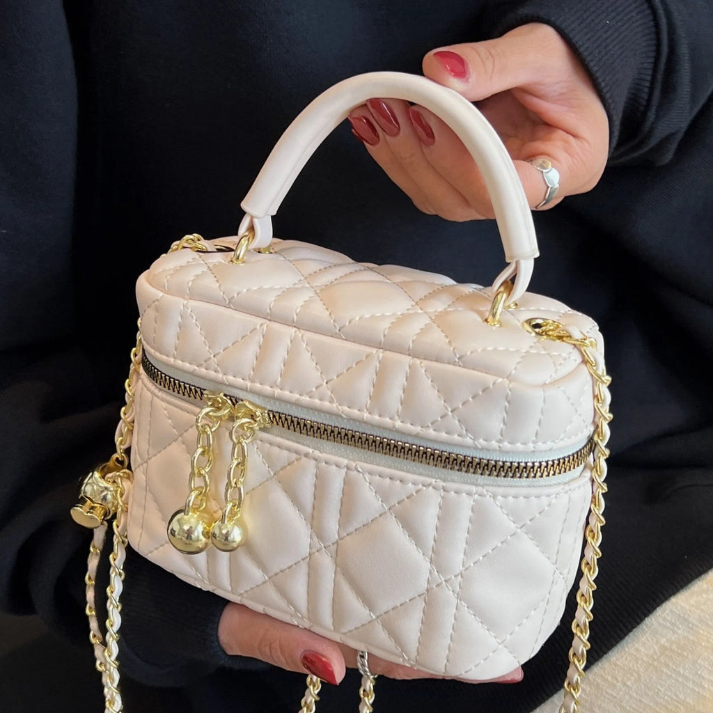PU mini handbag with beaded chain, plaid and rhombus detail, horizontal square shape, soft construction, available in rose pink and black.