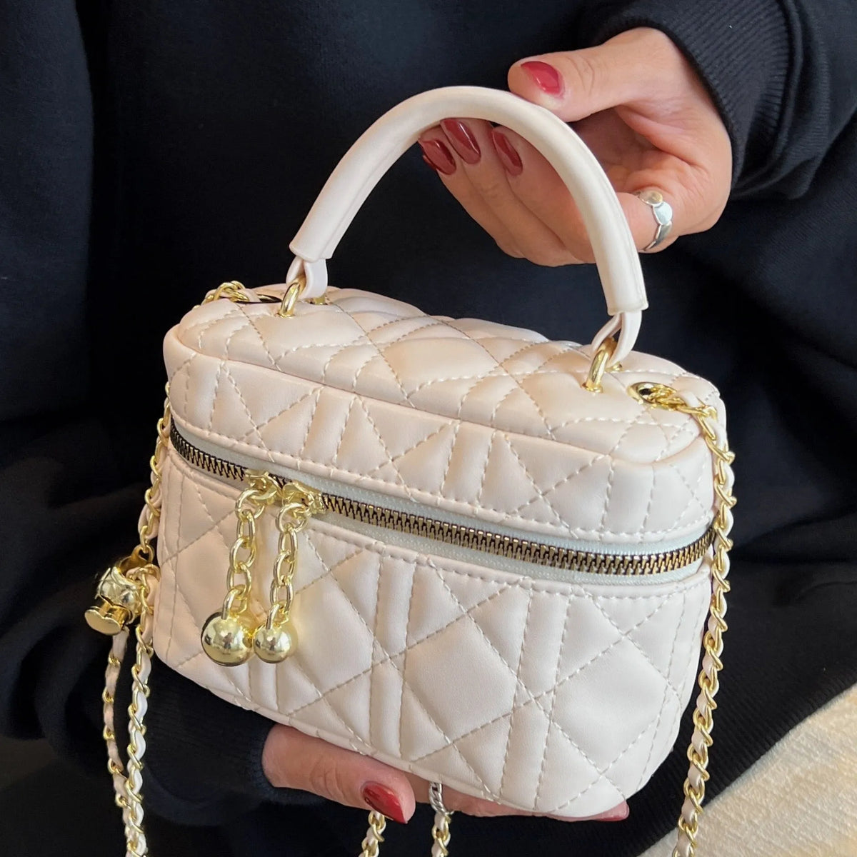 PU mini handbag with beaded chain, plaid and rhombus detail, horizontal square shape, soft construction, available in rose pink and black.