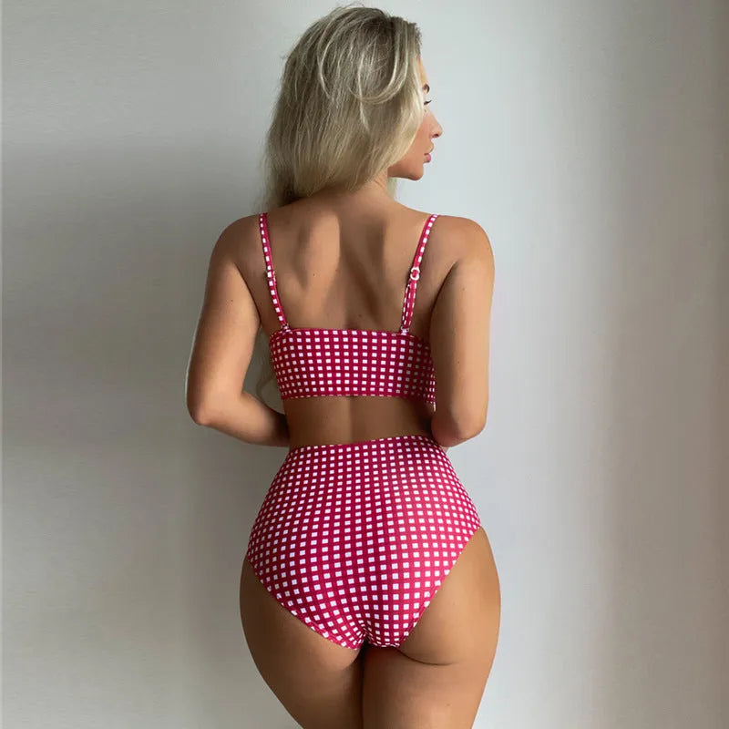Women's high-waisted plaid bikini swimsuit with removable cups in rose red colour